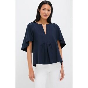 Pomander Place Navy Finley Flutter Sleeve Top Split Neck Pleated Blouse  M